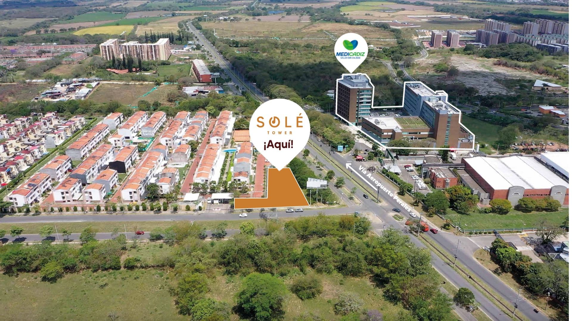 Vista aérea de la ubicación de Solé Tower en Ibagué junto a Clínica Medicadiz